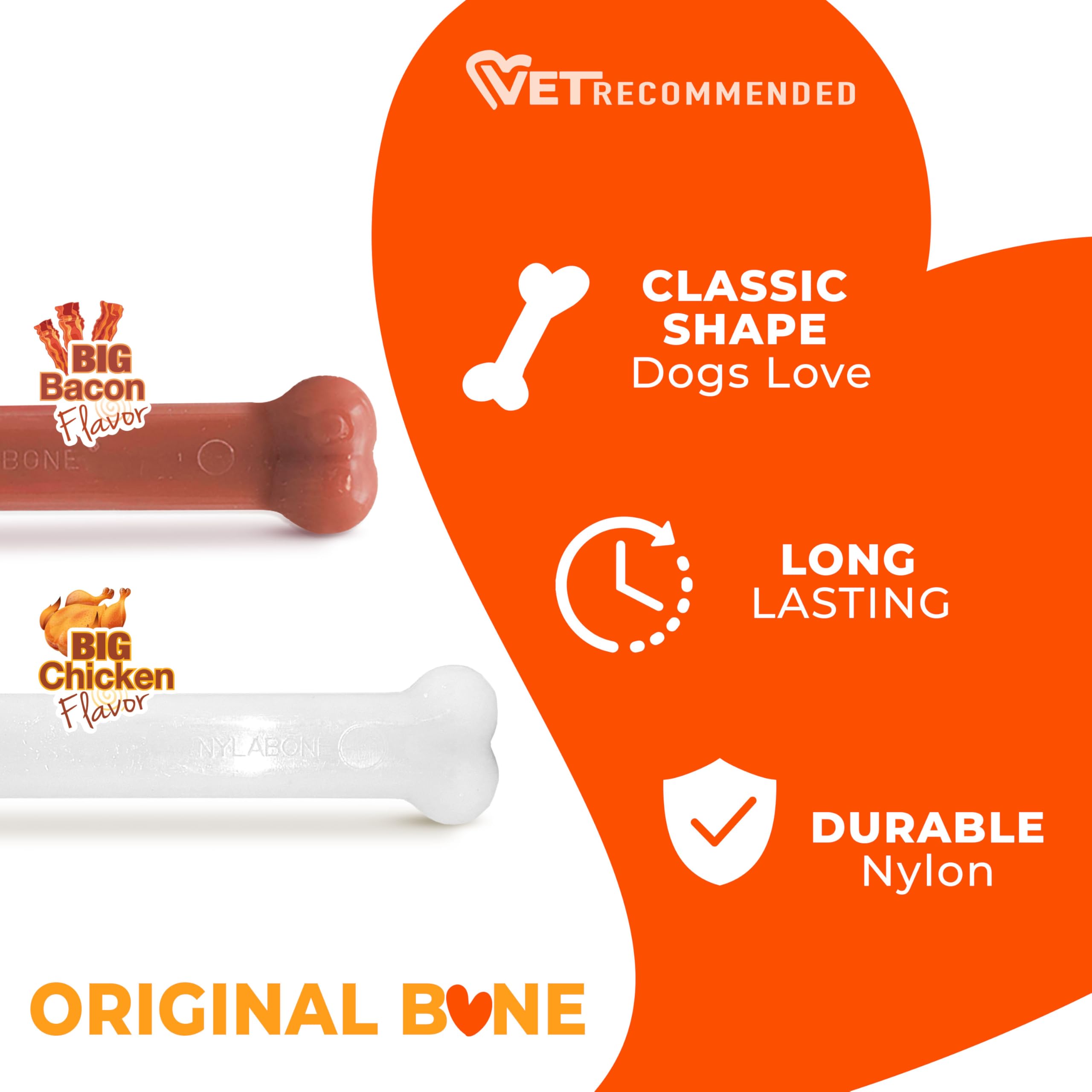 Nylabone Power Chew Original Bone with its chicken and bacon flavor focus.