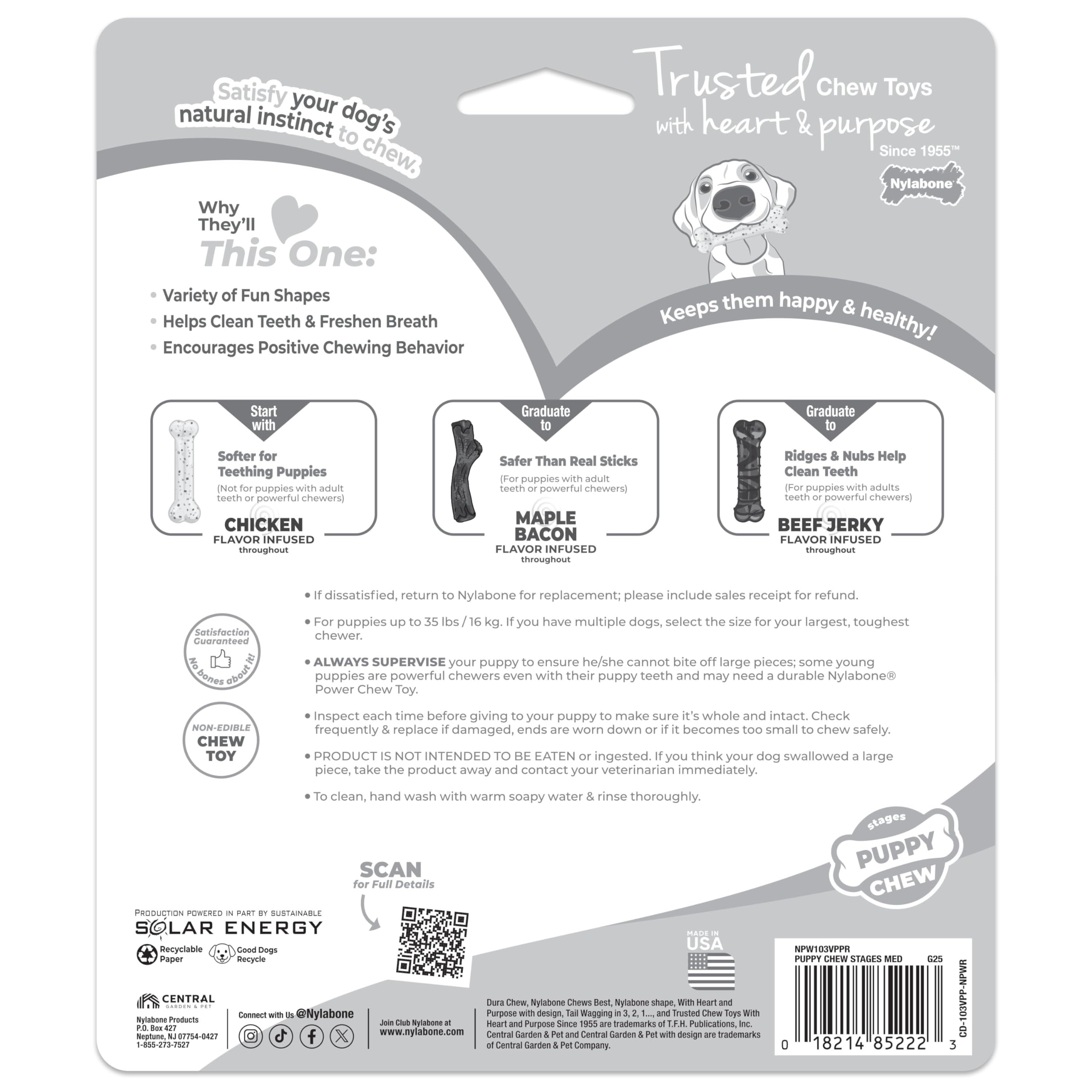 Nylabone Puppy Stages Pack showing the chicken, maple bacon, and beef jerky flavors.
