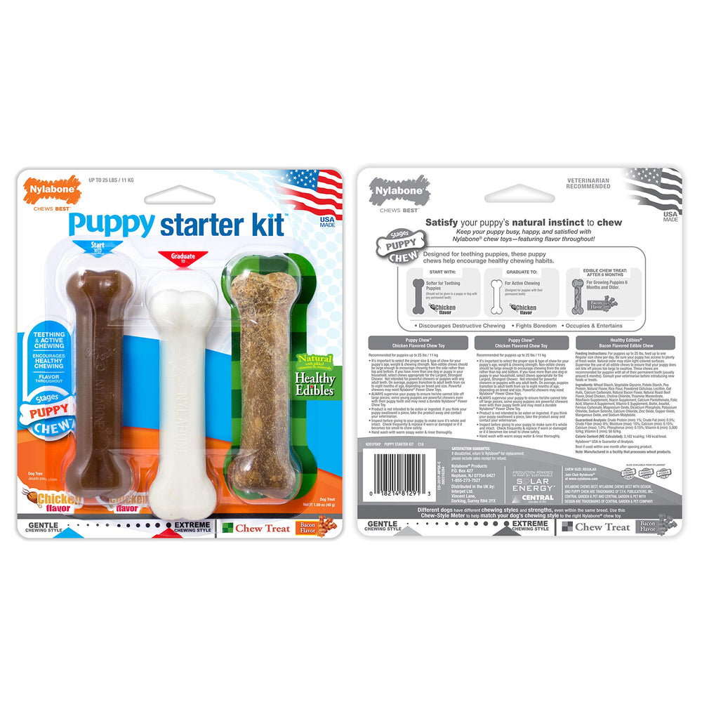 A puppy chewing a toy from the Nylabone Puppy Chew Toy & Treat Bundle.
