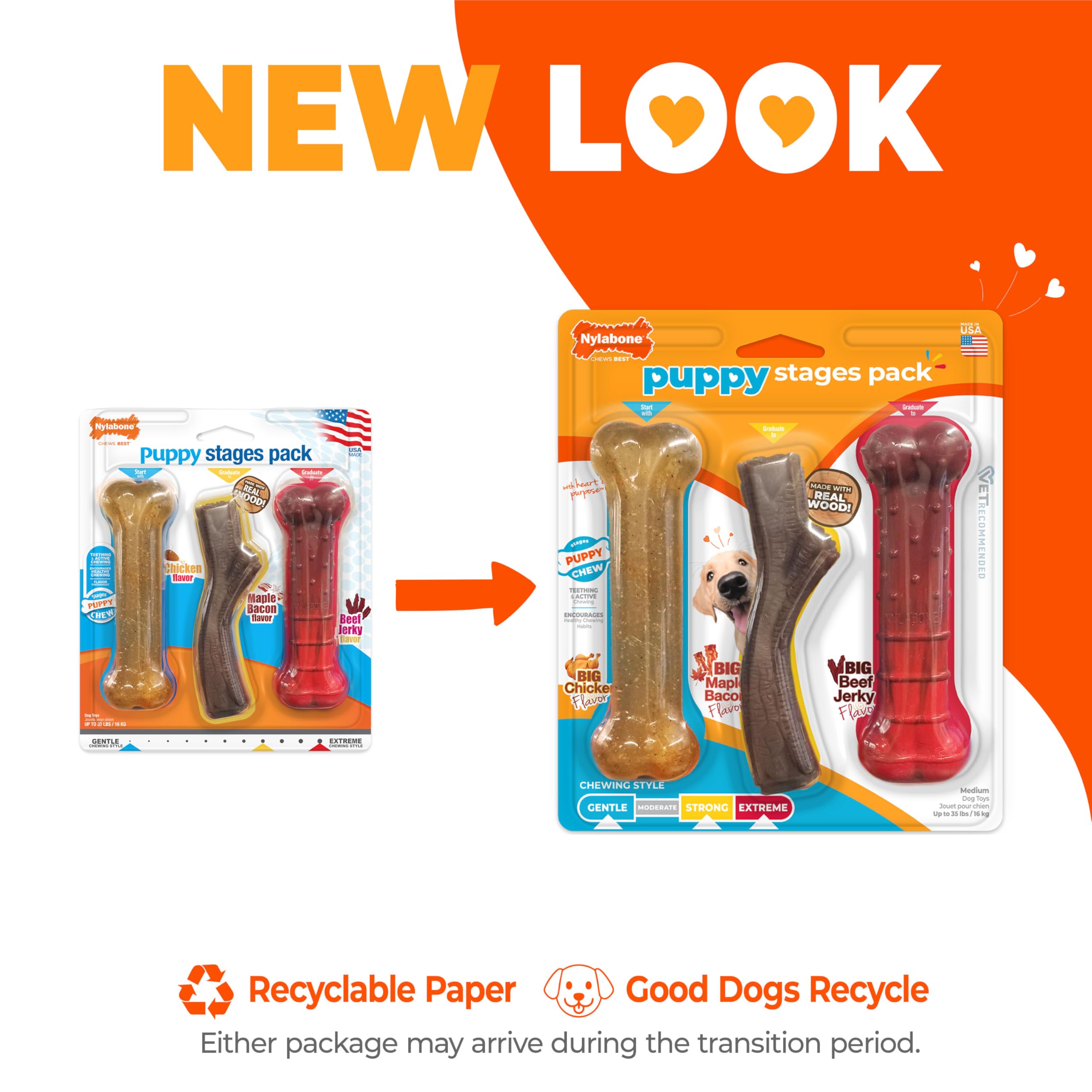 Nylabone Puppy Stages Pack with its three puppy chew toys shown together.