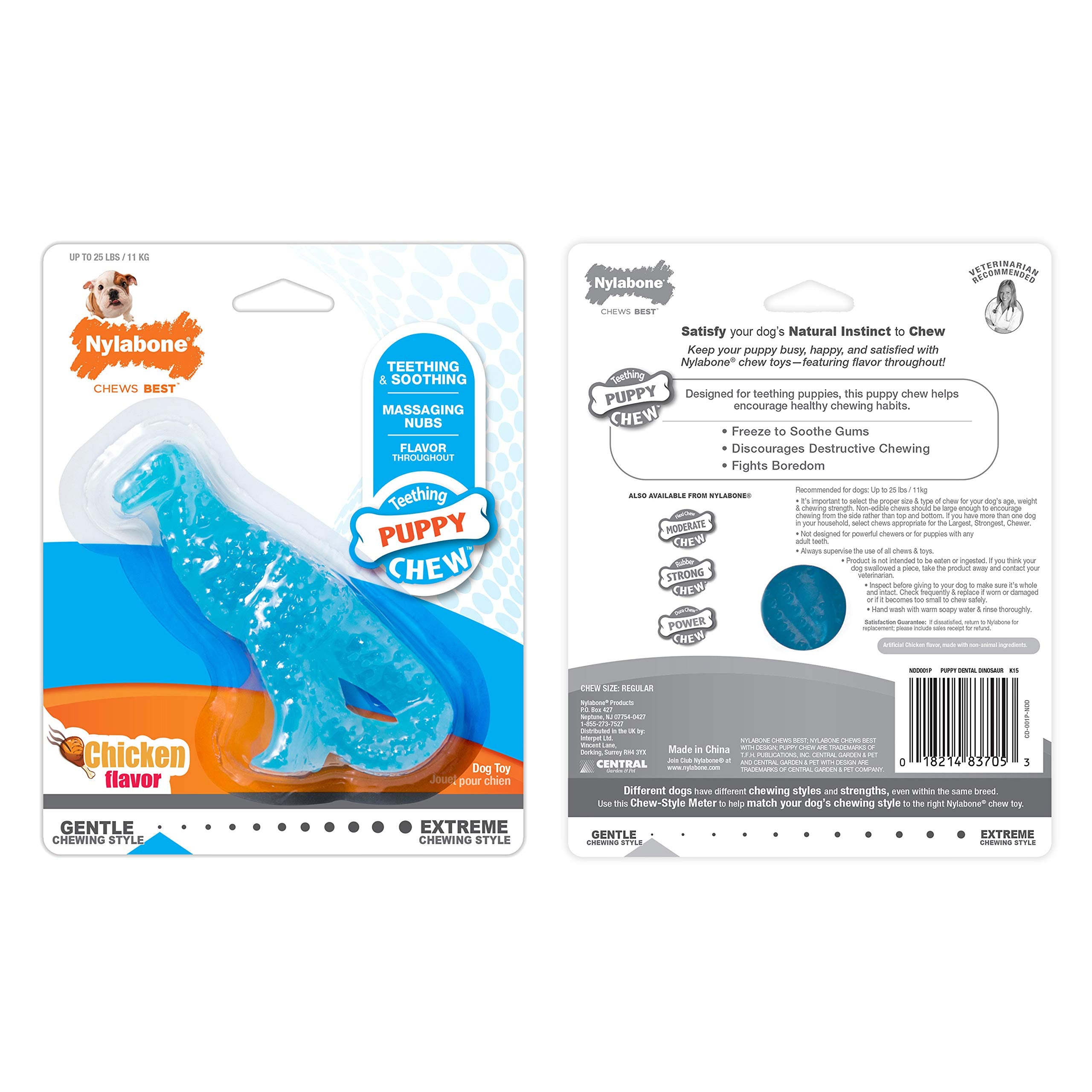 Nylabone Puppy Chew Toy & Treat Bundle flavor label showing chicken and bacon.