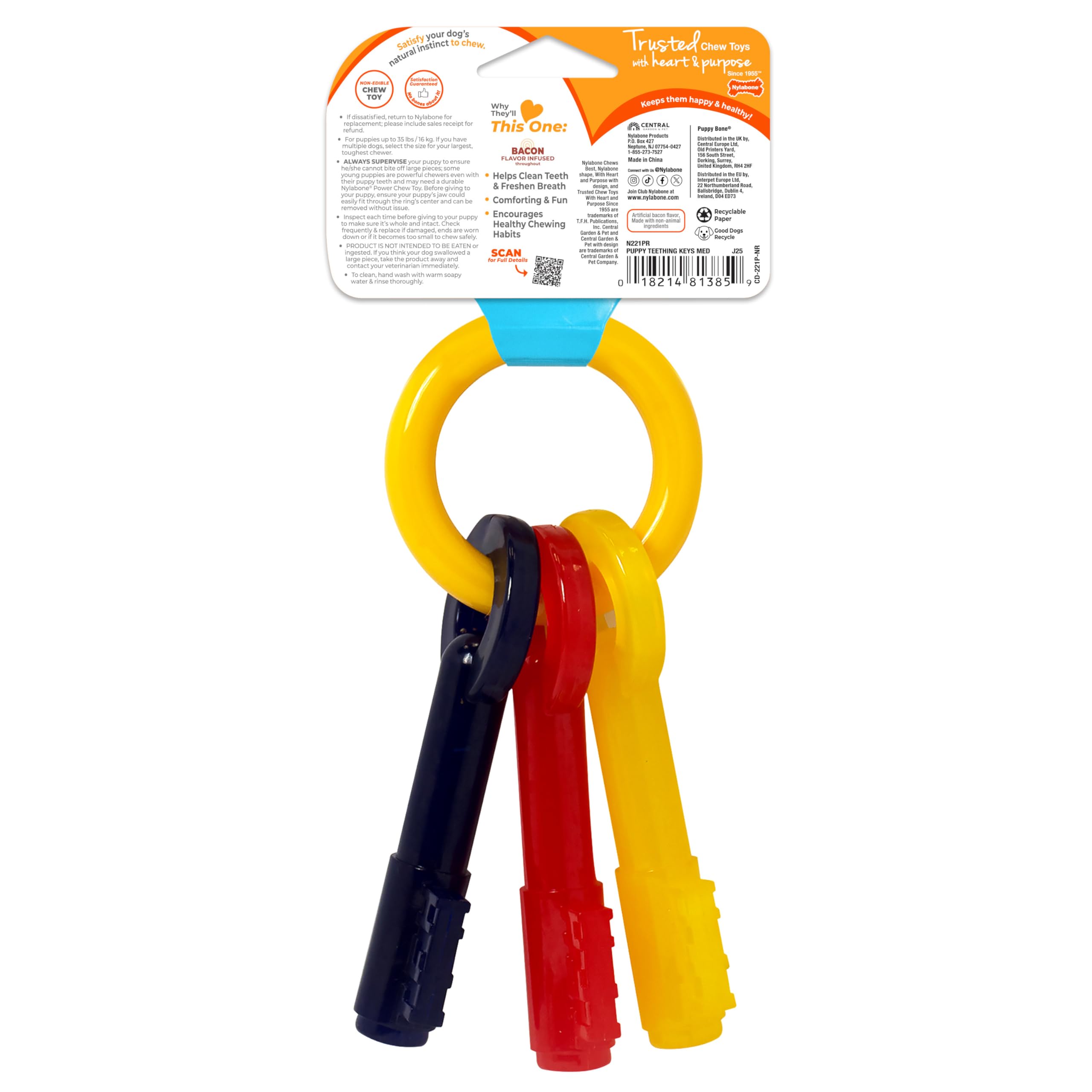 Nylabone Puppy Chew Teething Keys held by a puppy.