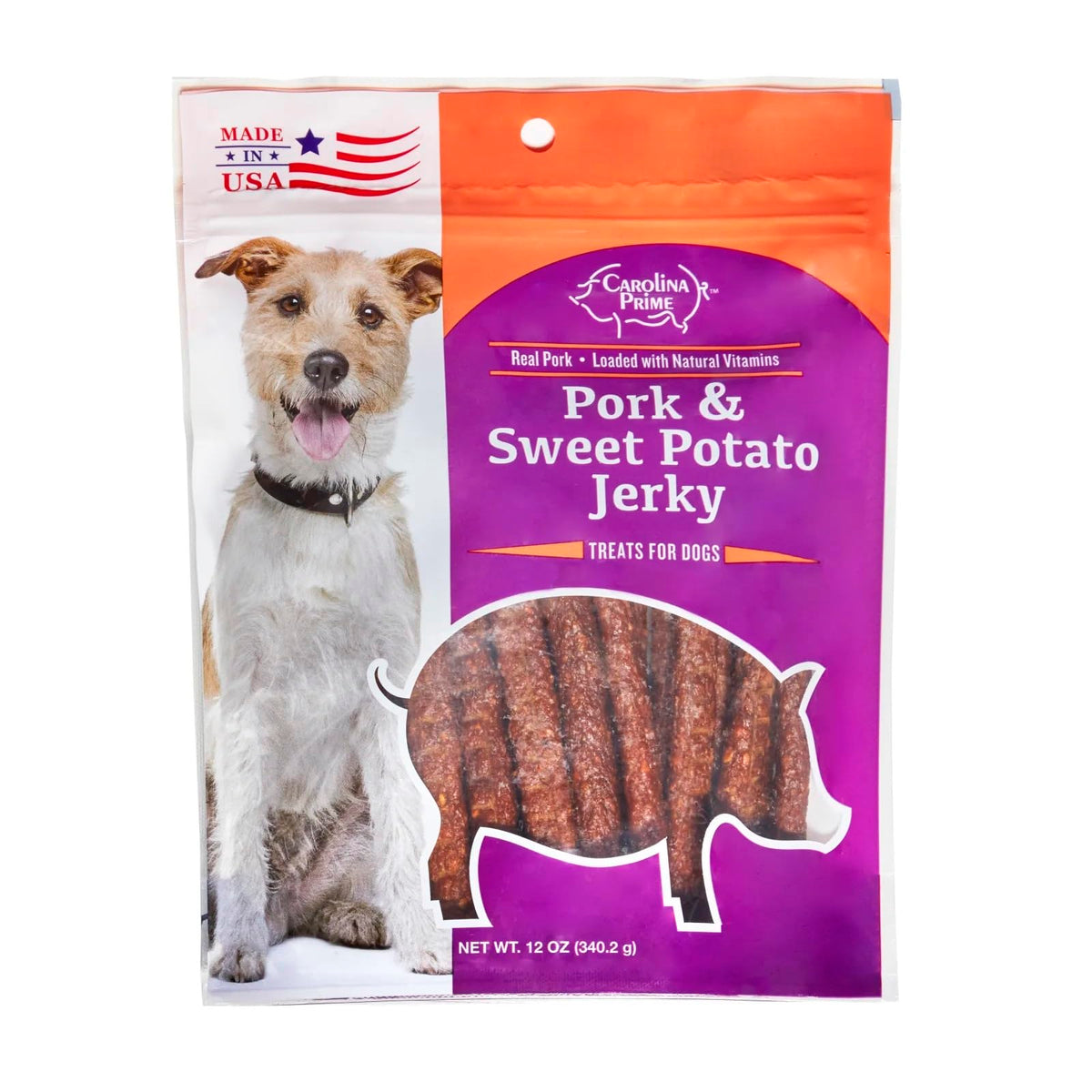NZDWZDN Carolina Prime Pork & Sweet Potato Jerky dog treats shown with the product package.