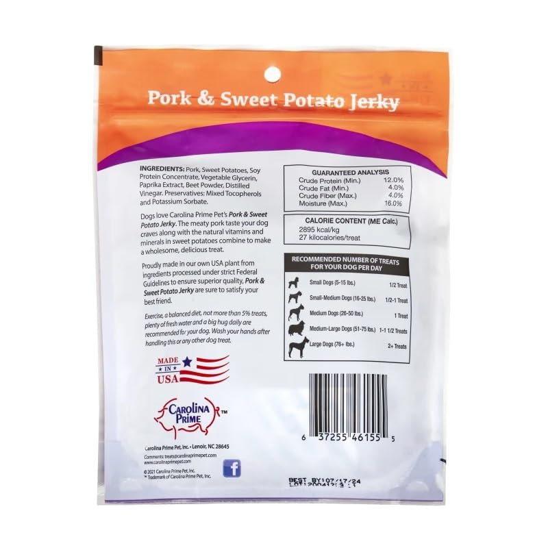 NZDWZDN Carolina Prime Pork & Sweet Potato Jerky dog treats shown in a close-up of the jerky.