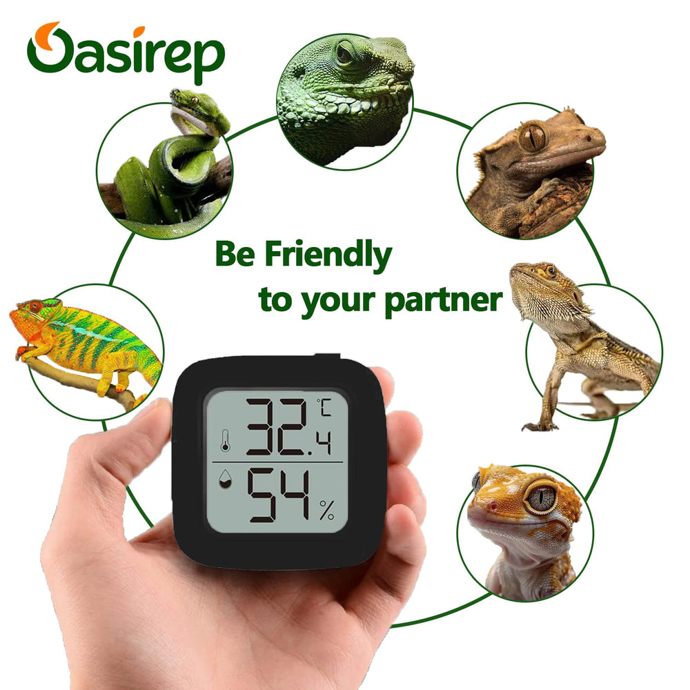 Oasirep reptile thermometer and hygrometer showing its ABS resin casing.