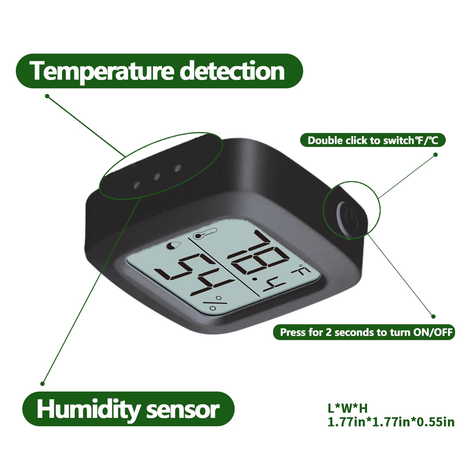 Oasirep reptile thermometer and hygrometer LCD showing the temperature and humidity display.