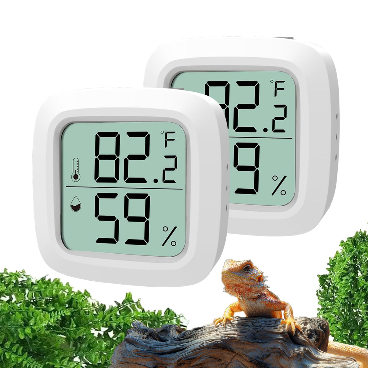 Oasirep reptile thermometer and hygrometer two-monitor set shown together.