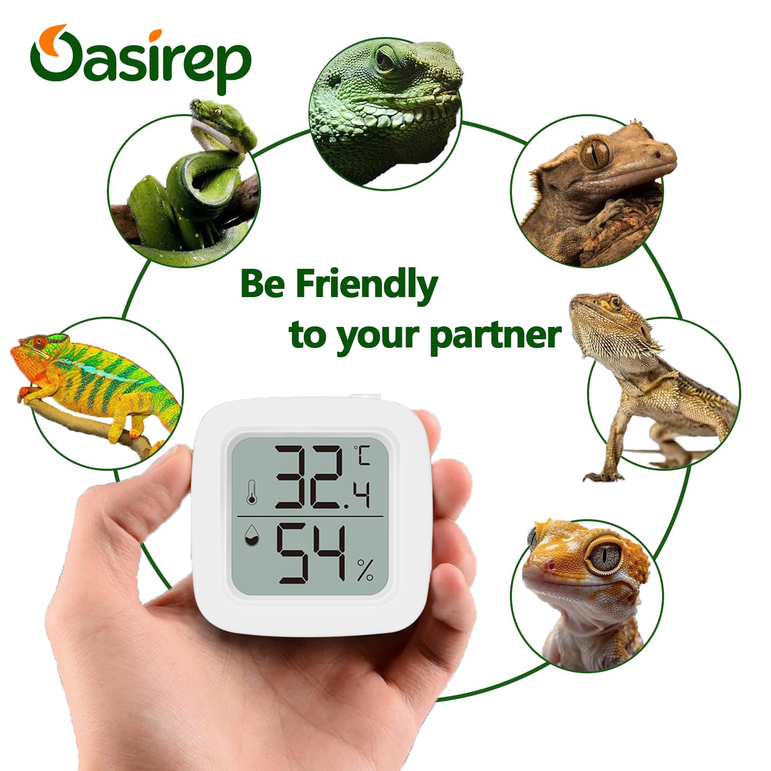 Oasirep reptile thermometer and hygrometer shown monitoring a seedling tray.