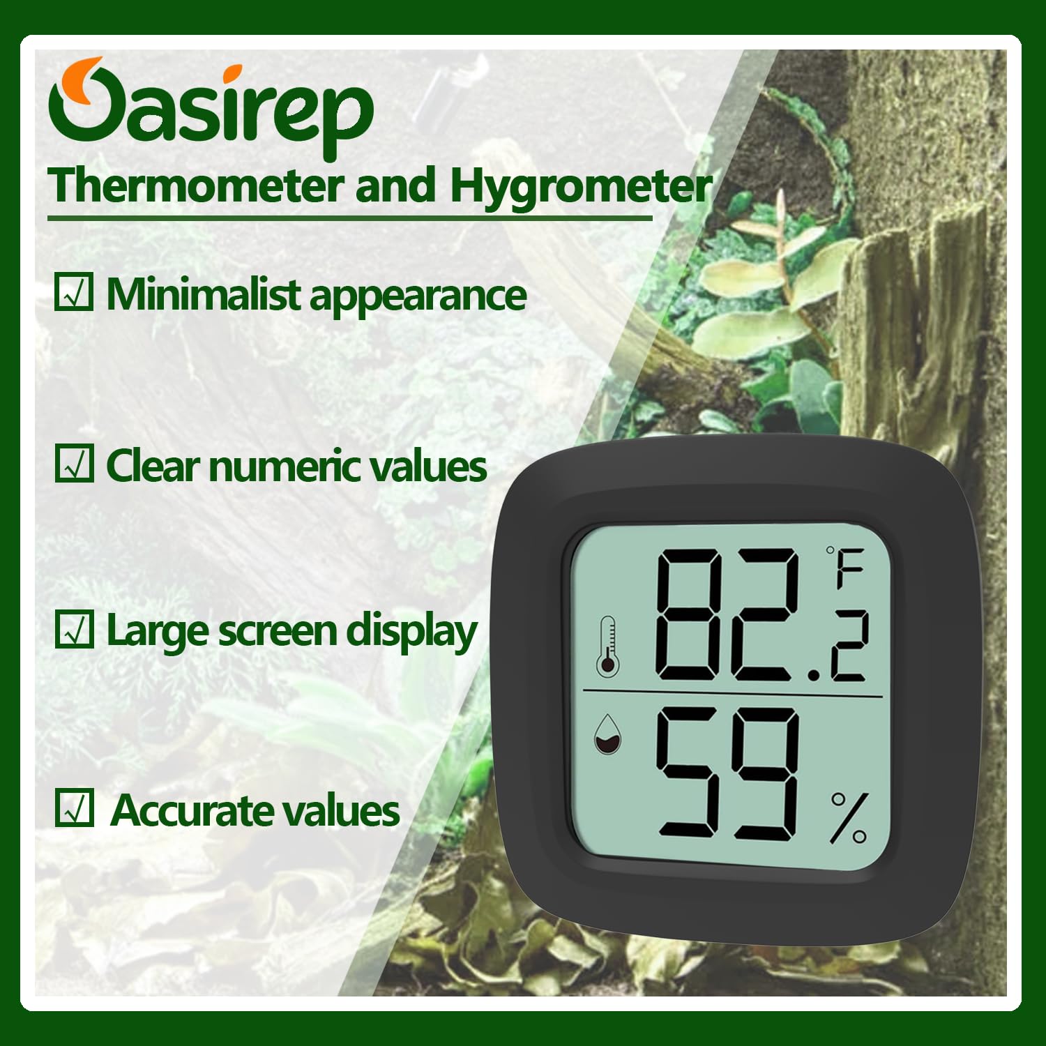 Oasirep reptile thermometer and hygrometer two-pack shown as a pair of black gauges.