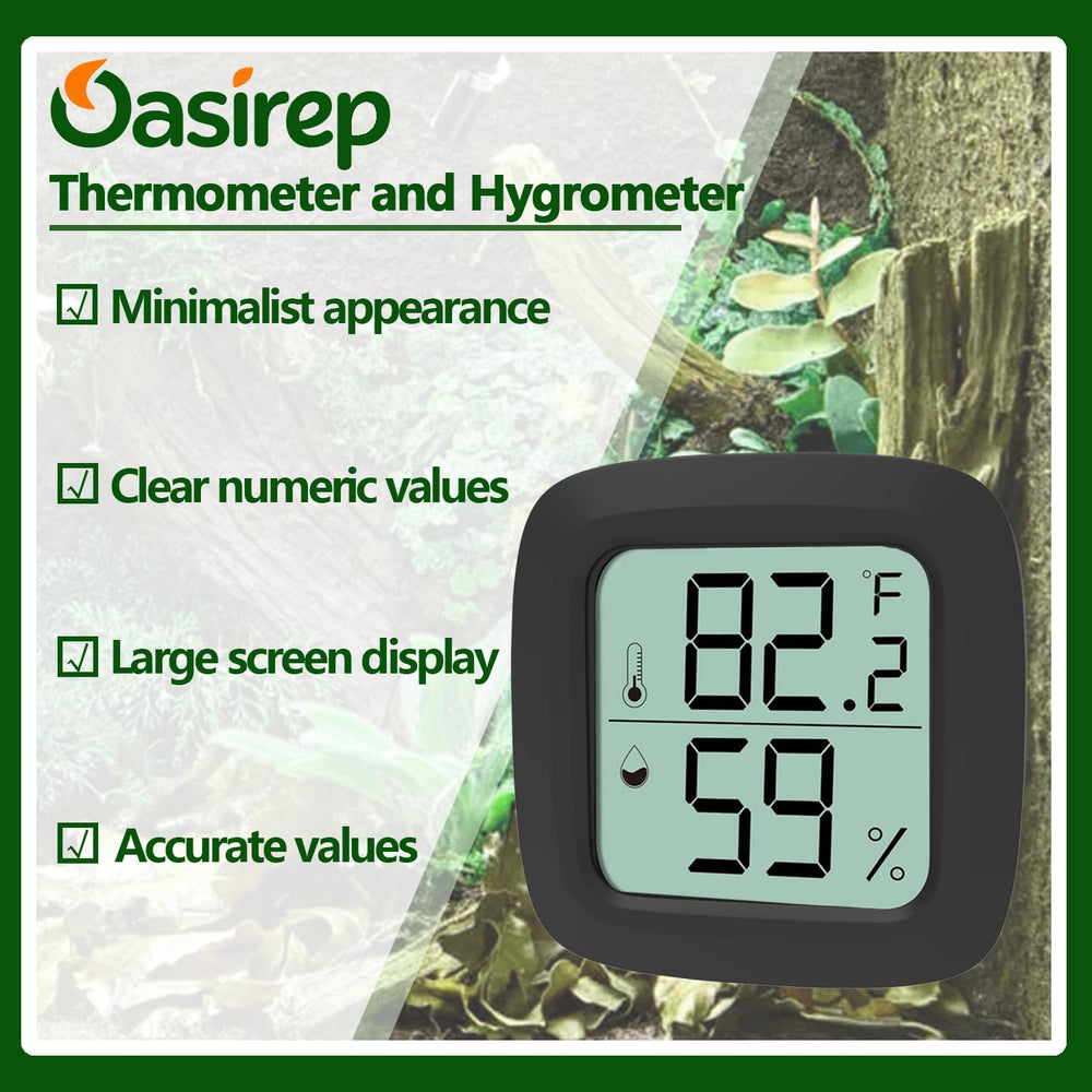 Oasirep reptile thermometer and hygrometer two-pack shown as a pair of black gauges.