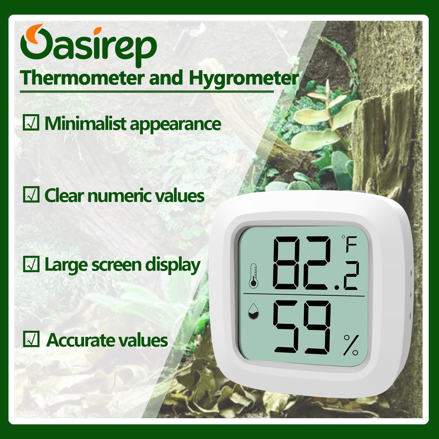 Oasirep reptile thermometer and hygrometer display showing the temperature unit switch.