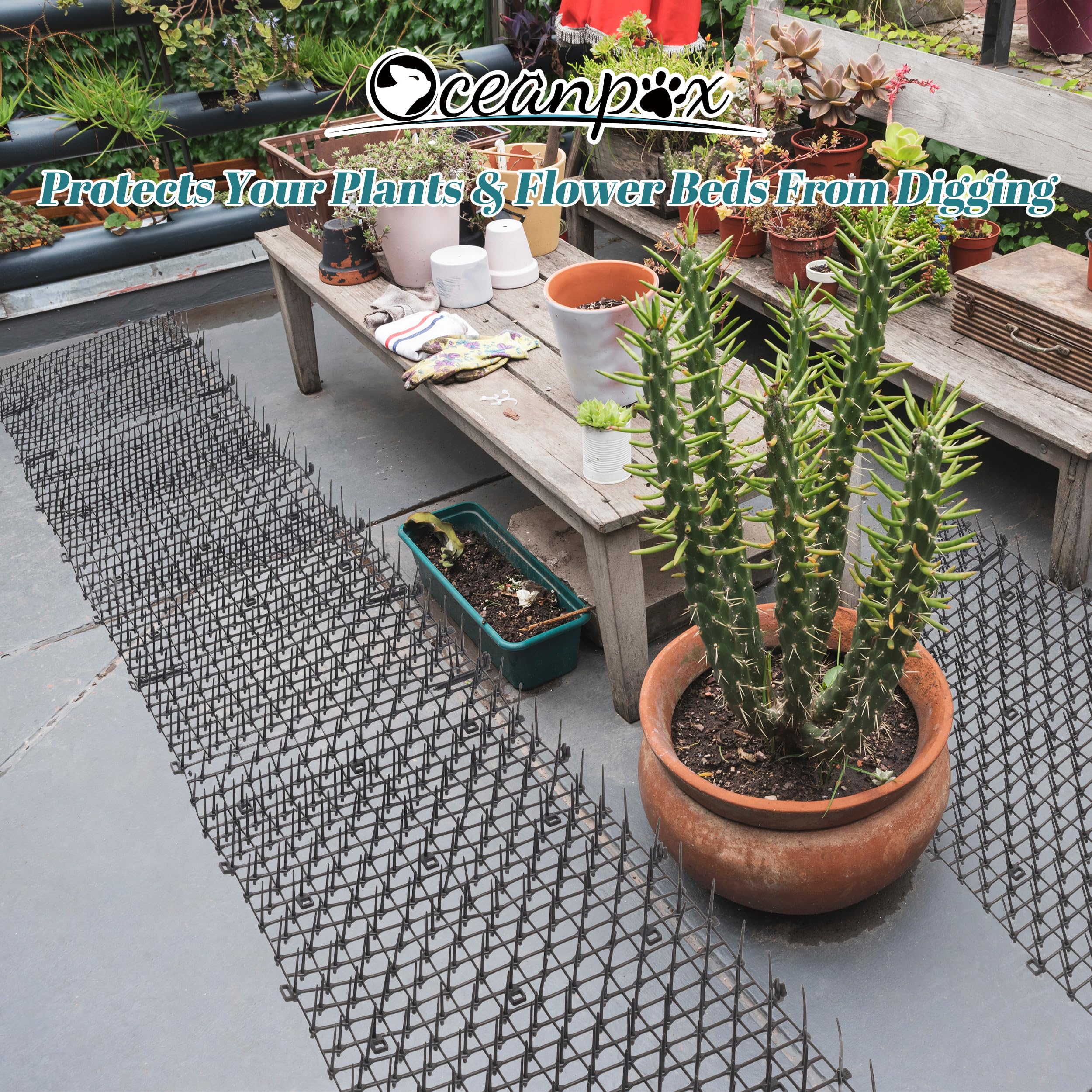 OCEANPAX Cat Scat Mat placed along a garden border.