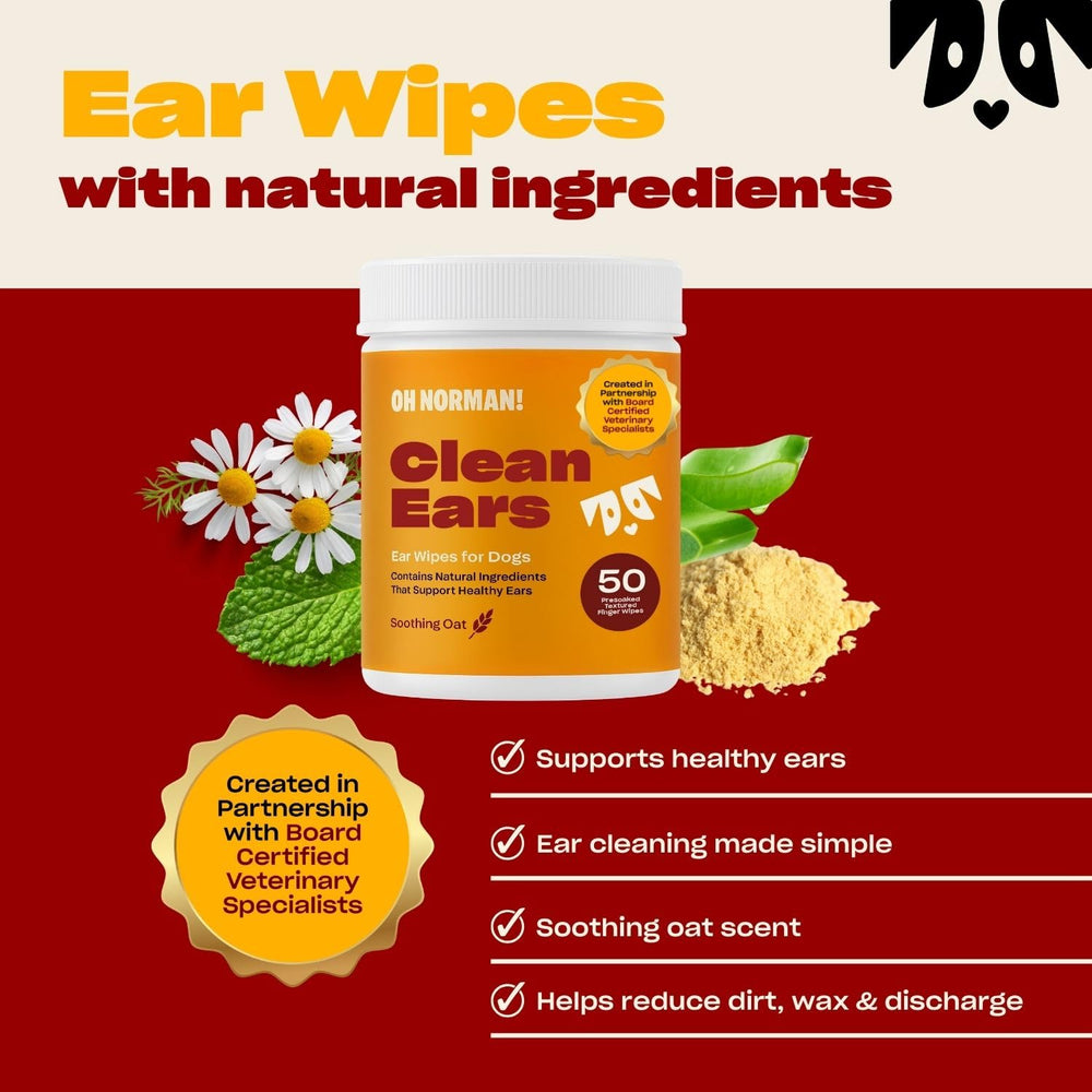 OH NORMAN! dog ear cleaning finger wipe shown fitted onto a finger.