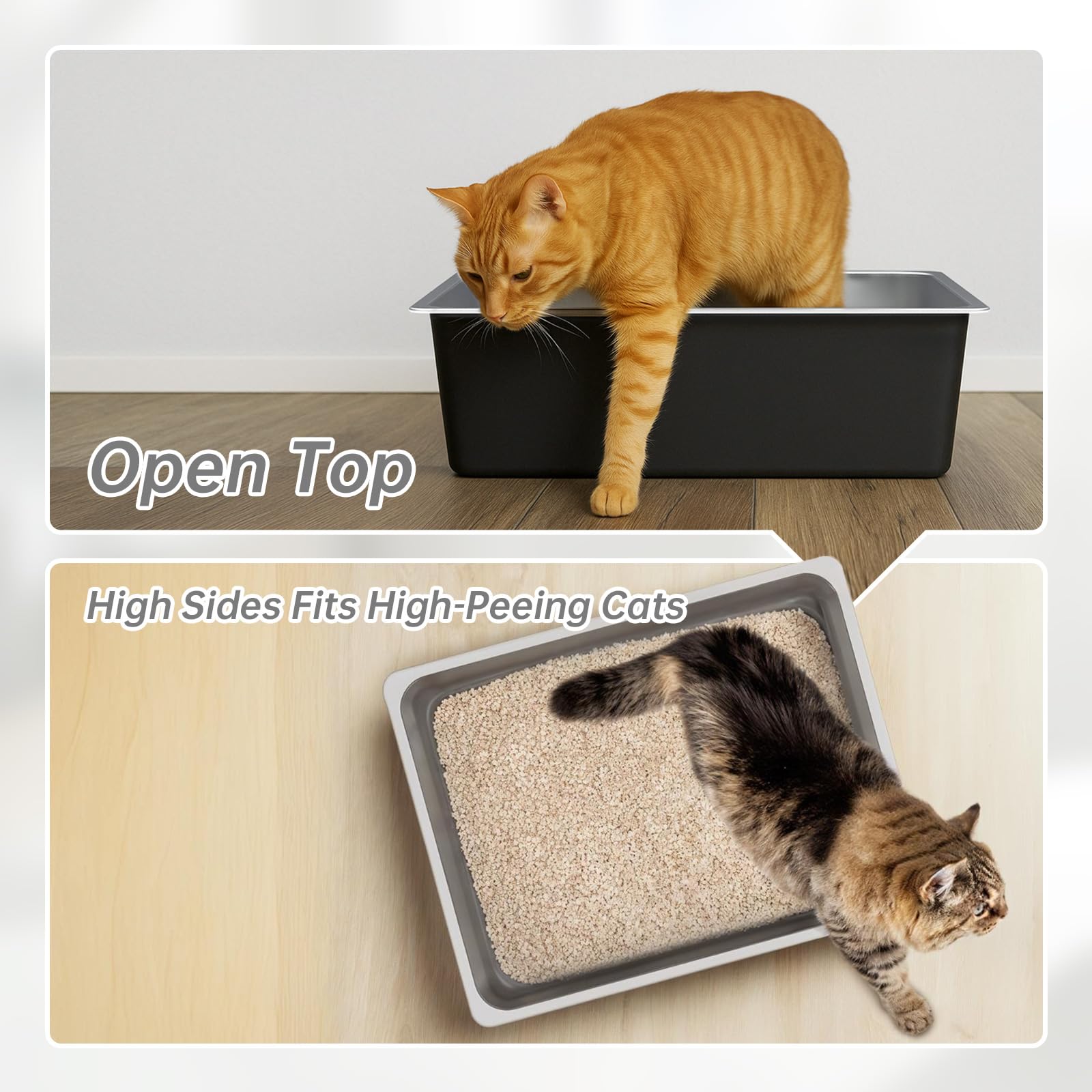 Ohtomber stainless steel cat litter box viewed from the side to show its high walls.