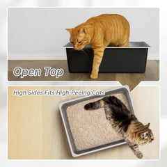 Ohtomber stainless steel cat litter box viewed from the side to show its high walls.