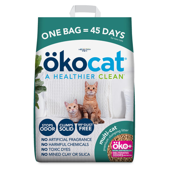 ÖKOCAT Multi-Cat Natural Wood Clumping Cat Litter package shown from the front.