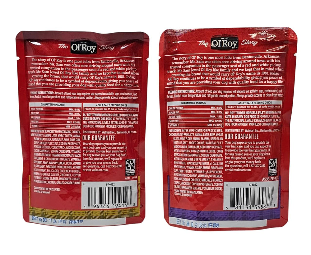 Ol' Roy wet dog food variety pack with its eight pouches.