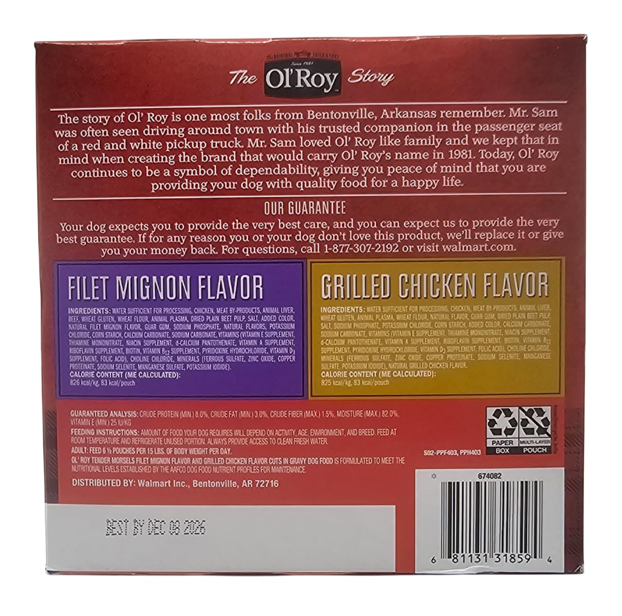 Ol' Roy wet dog food pouch back with feeding instructions.