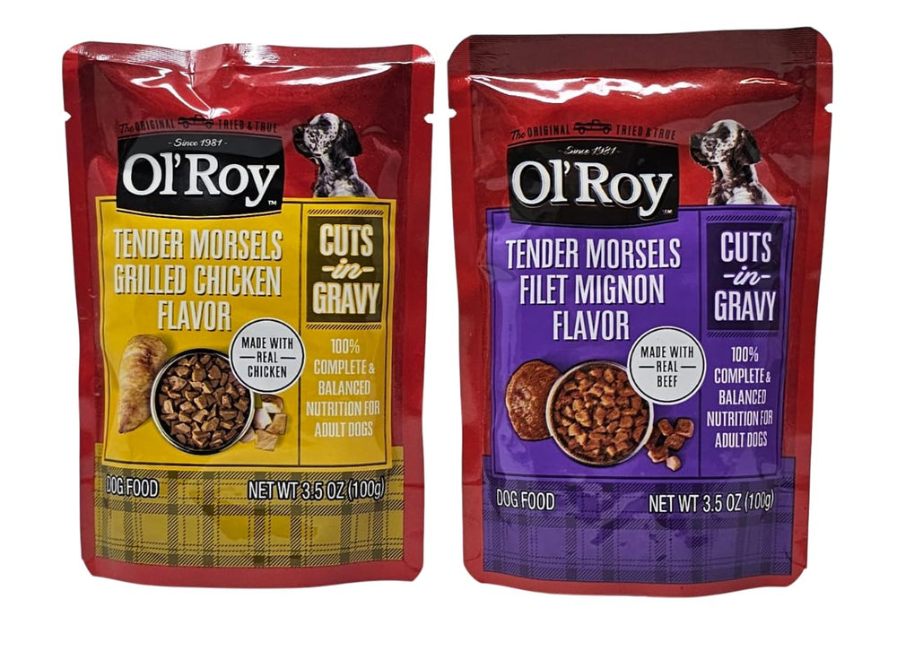 Ol' Roy wet dog food tender morsels cuts in gravy.