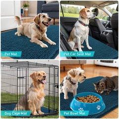 OLANLY Dog Door Mat placed beneath a pet's food and water bowls.