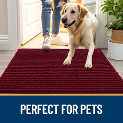 OLANLY Dog Door Mat placed beside a pet feeding area.