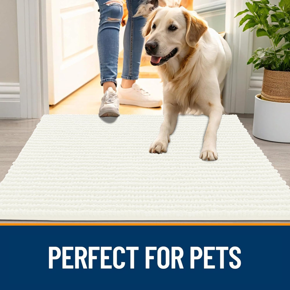 OLANLY dog door mat placed beneath a pet feeding area.