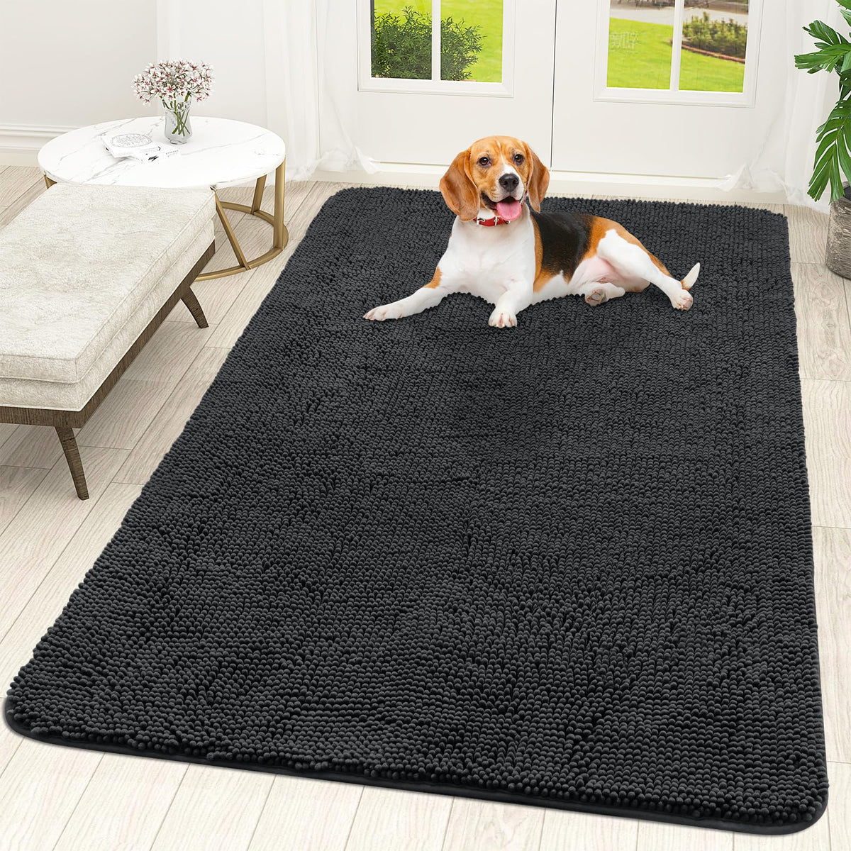 OLANLY Dog Door Mat shown from the front to display its overall chenille surface.