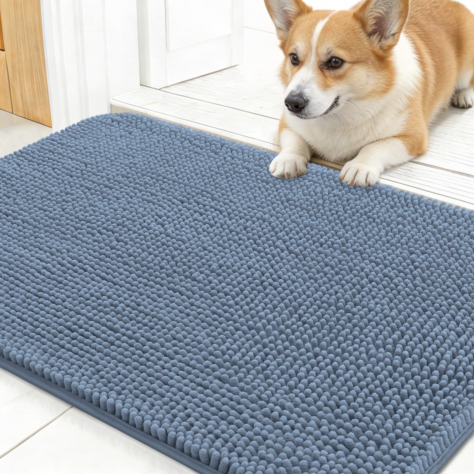 OLANLY Dog Door Mat shown from the front to display its overall chenille surface.