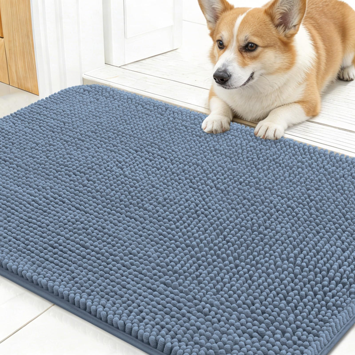 OLANLY Dog Door Mat shown from the front to display its overall chenille surface.