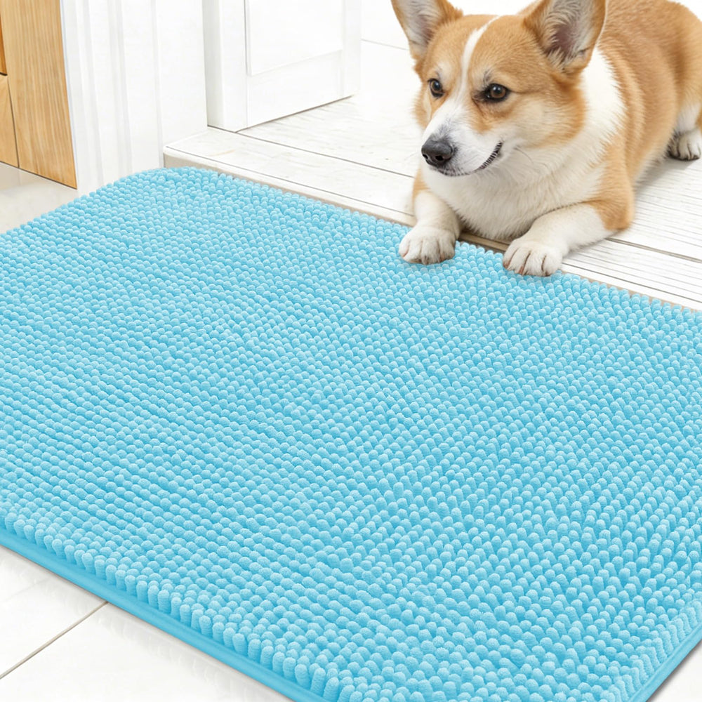 OLANLY Dog Door Mat shown from the front to display its chenille surface.