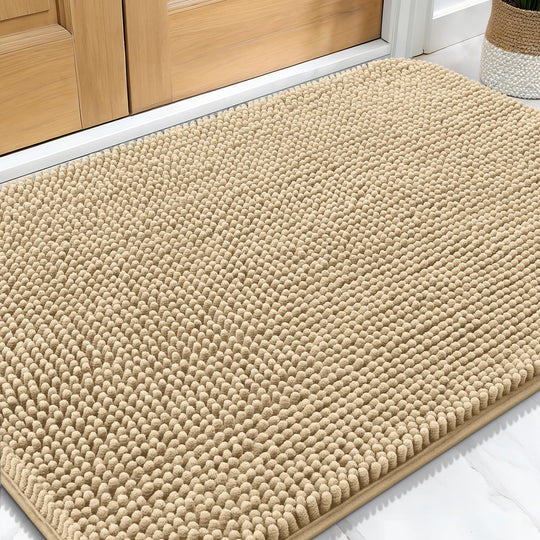 OLANLY dog door mat shown from the front to display its overall shape and chenille surface.