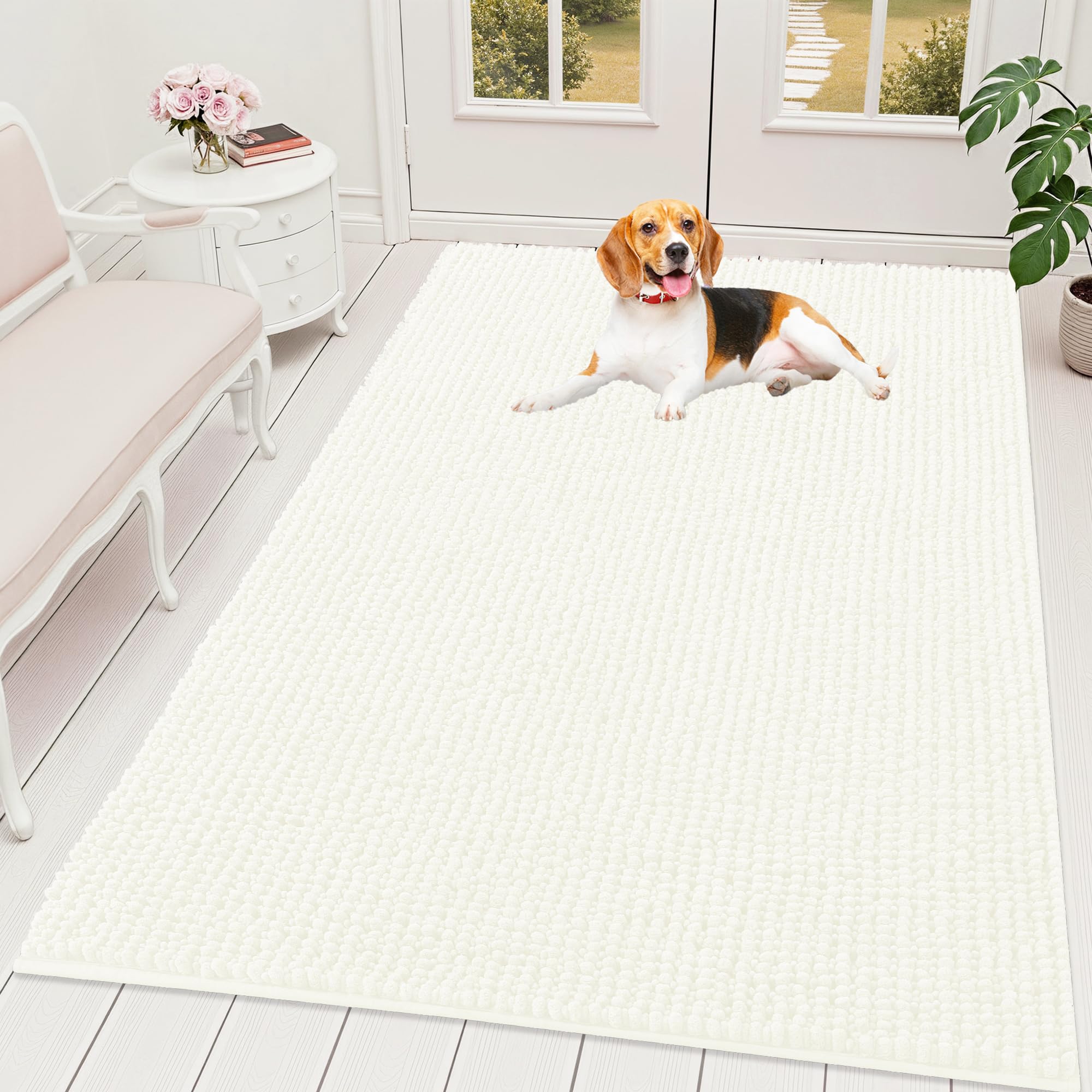 OLANLY dog door mat shown from the front with its chenille surface visible.