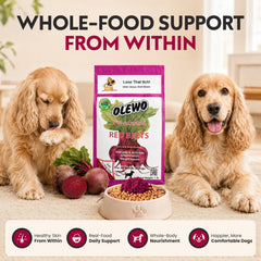 Olewo Red Beets dog food topper ingredient focus featuring red beets.