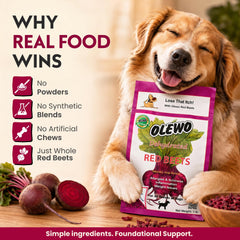 Olewo Red Beets dog food topper shown as part of a dog’s mealtime.