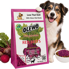 Olewo Red Beets dog food topper shown with its front packaging visible.