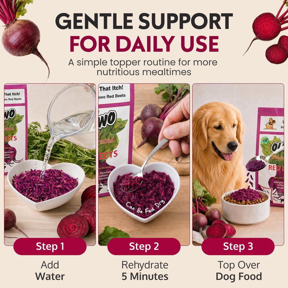 Olewo Red Beets dog food topper label shown in a close-up view.