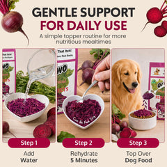 Olewo Red Beets dog food topper label shown in a close-up view.