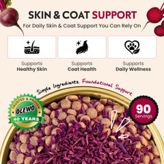 Olewo Red Beets dog food topper mixed into a dog’s regular food.