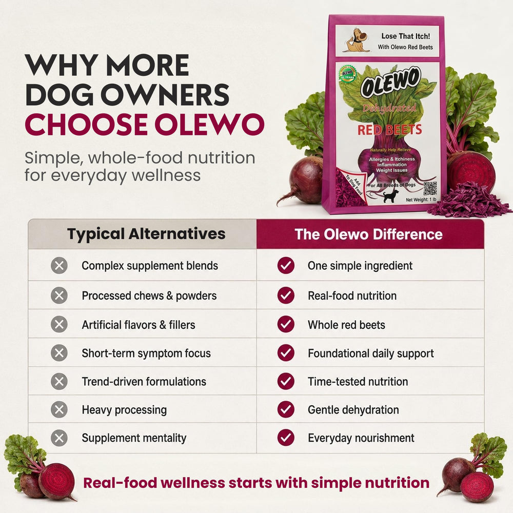 Olewo Red Beets dog food topper nutrition label shown for ingredient details.