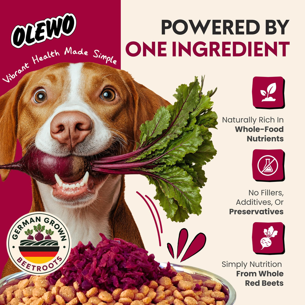 Olewo Red Beets dog food topper shown in a close-up of its texture.