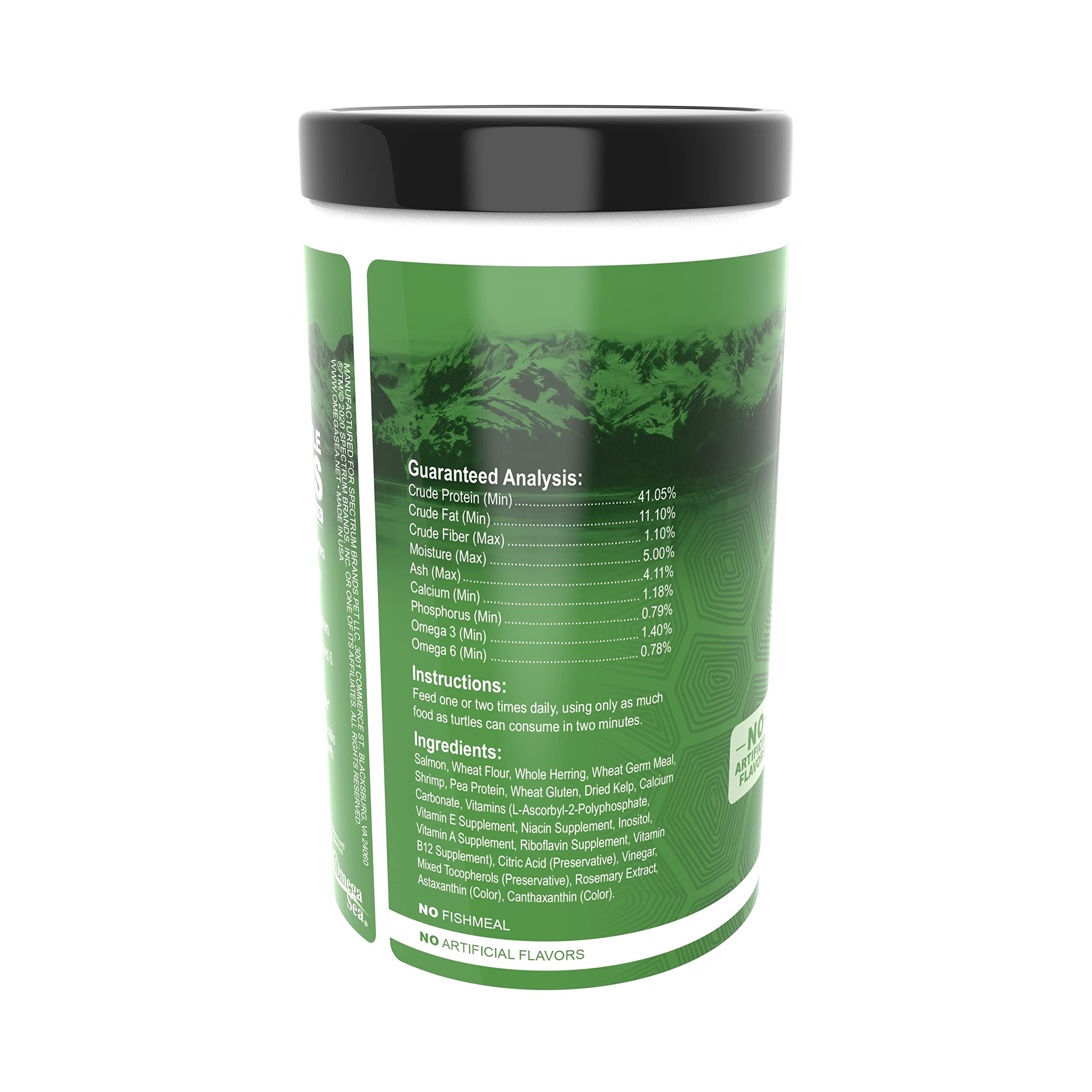 Omega One Adult Turtle Sticks shown with the seafood formula highlighted.