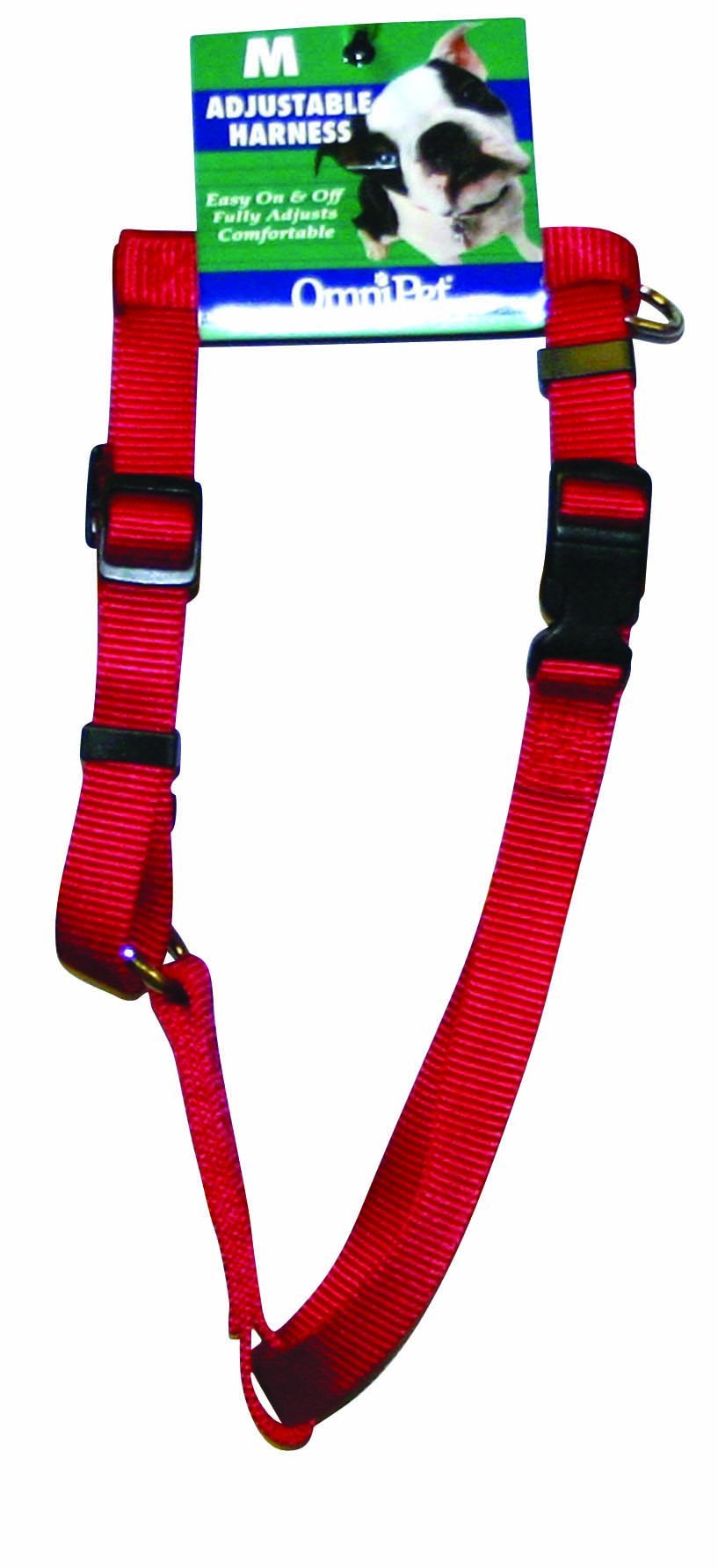 OmniPet nylon dog harness shown from the front in red.