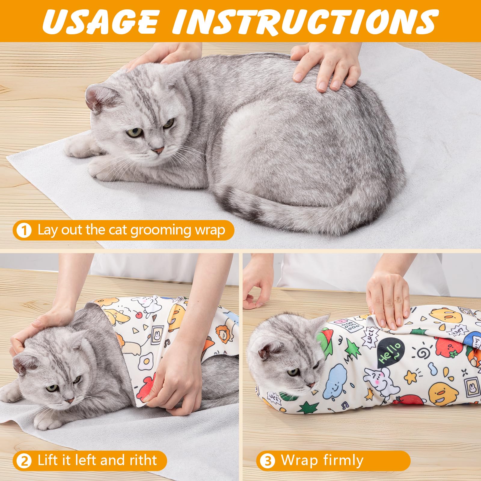 ondware cat grooming wrap positioned around a cat.