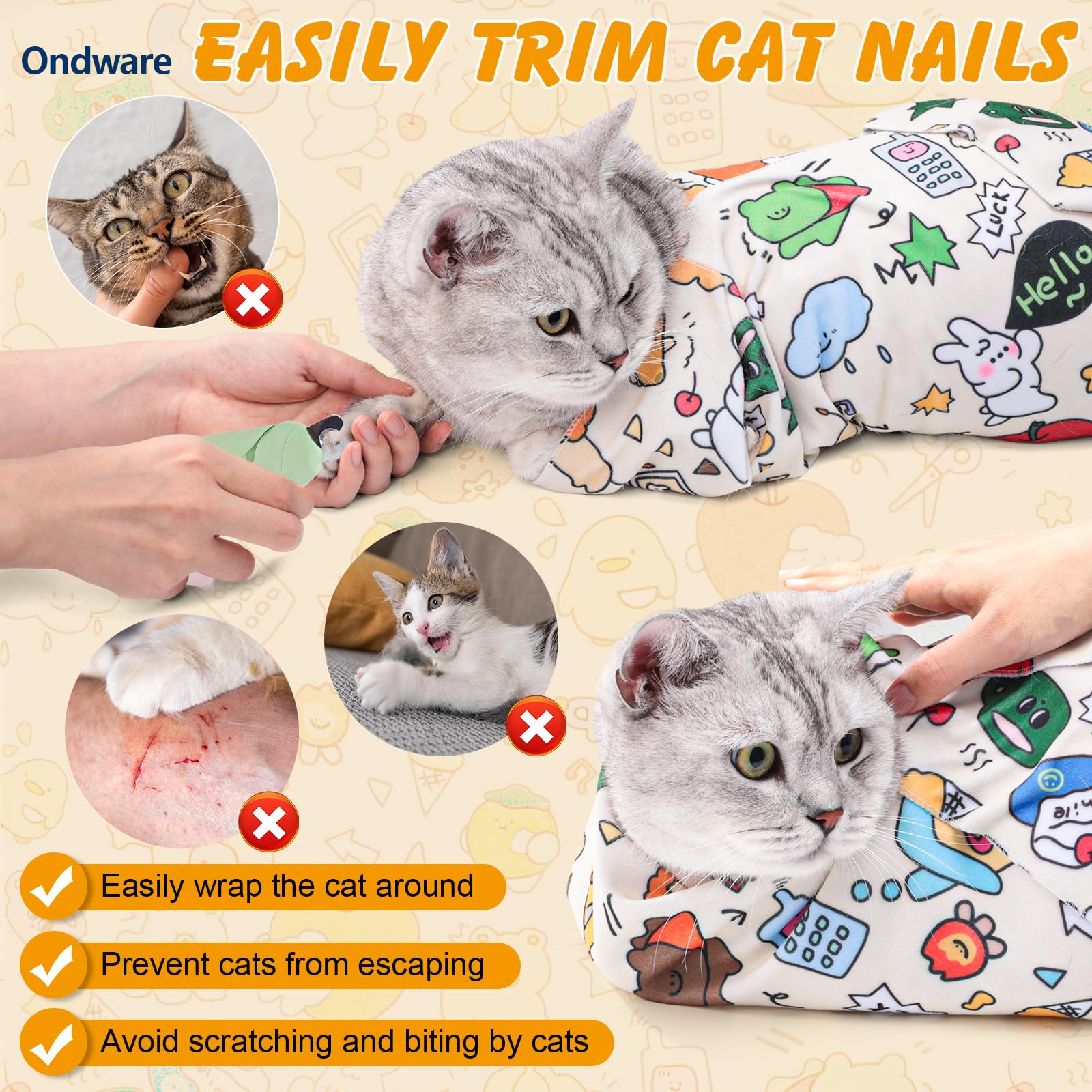 ondware cat grooming wrap showing its self-adhering fabric.