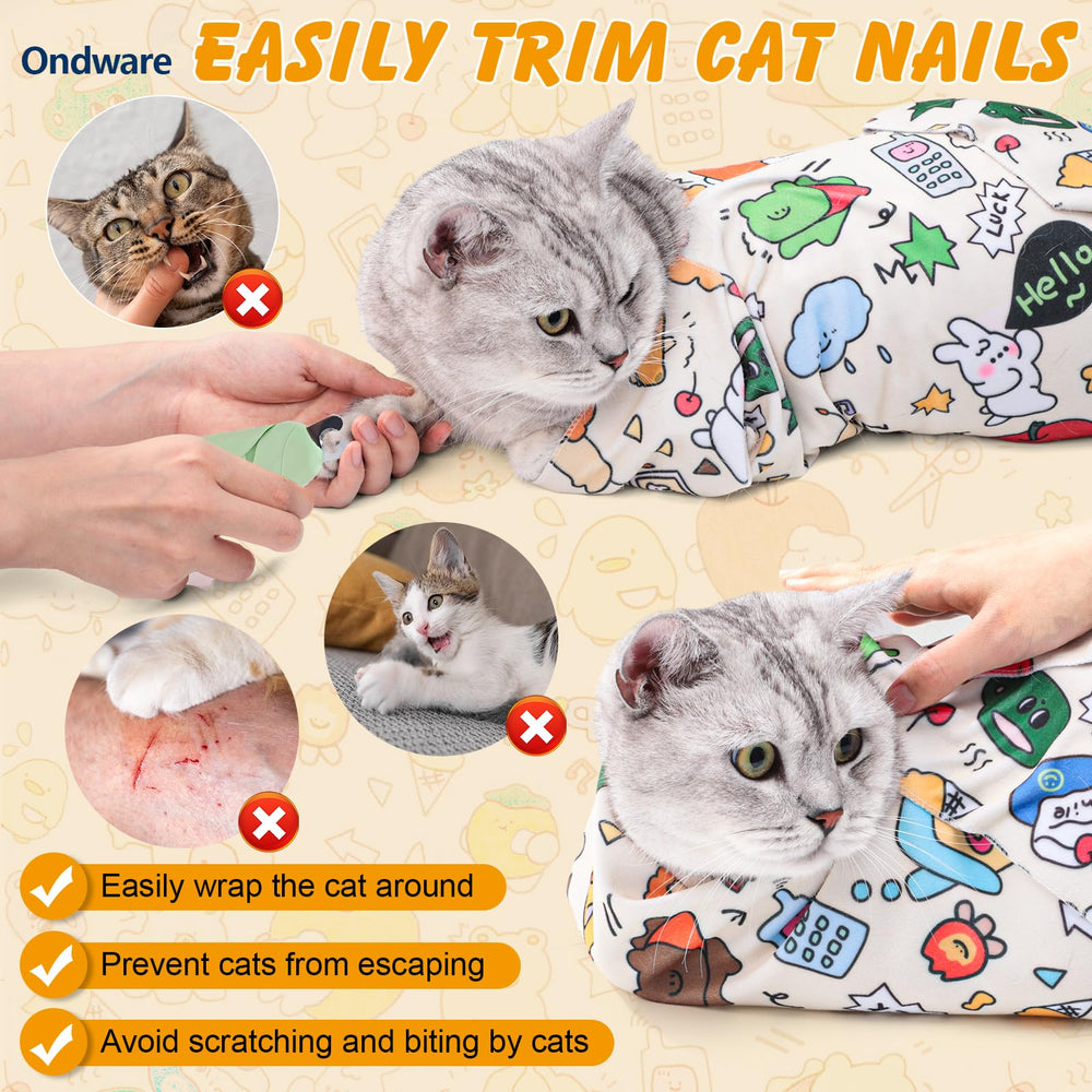 ondware cat grooming wrap showing its self-adhering fabric.
