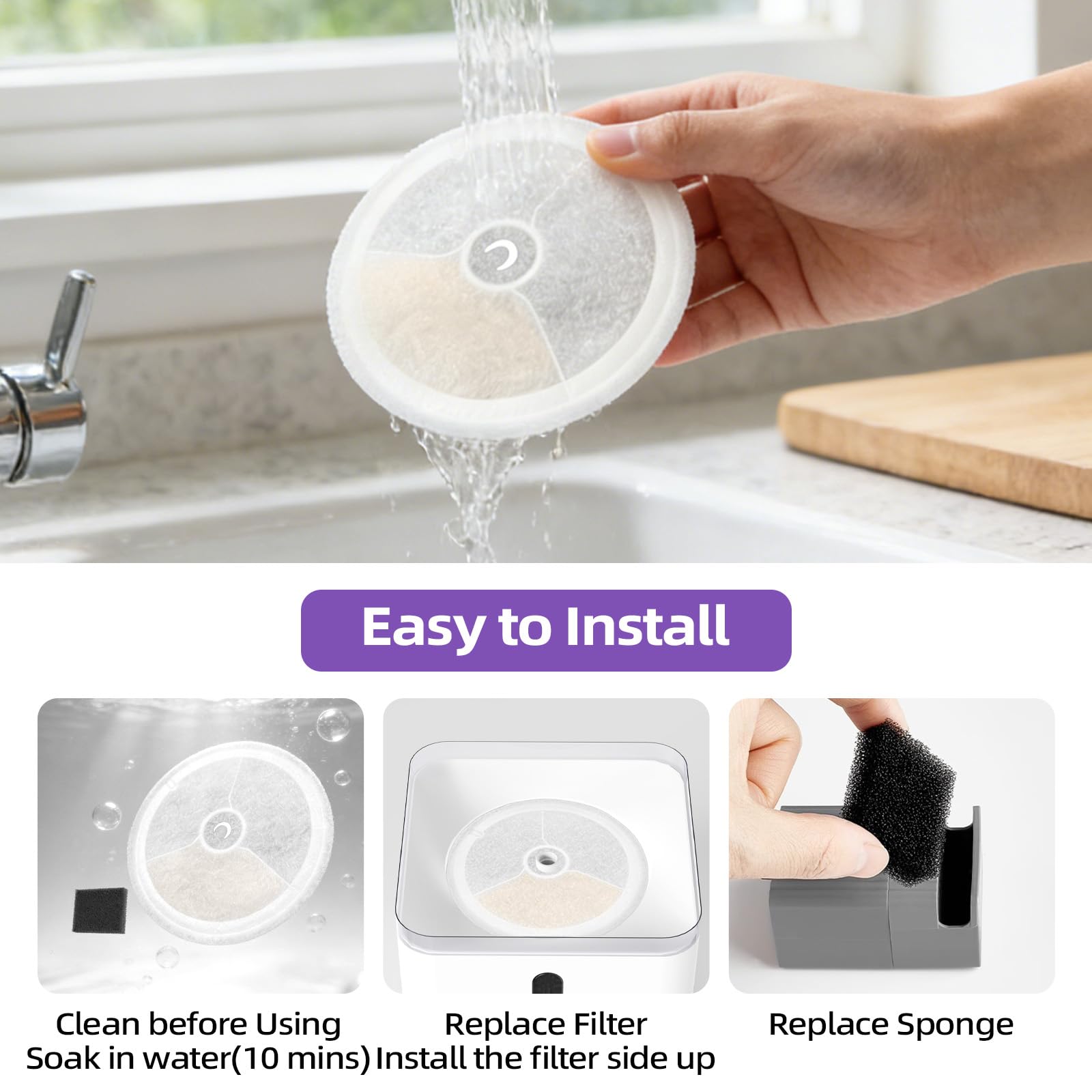 ONECUTE cat fountain filter shown with its round shape and hollow center.