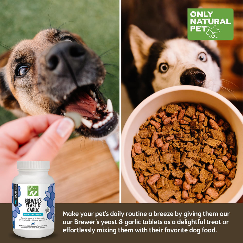 Only Natural Pet Brewer's Yeast & Garlic Chewables presented as tablets for dogs.