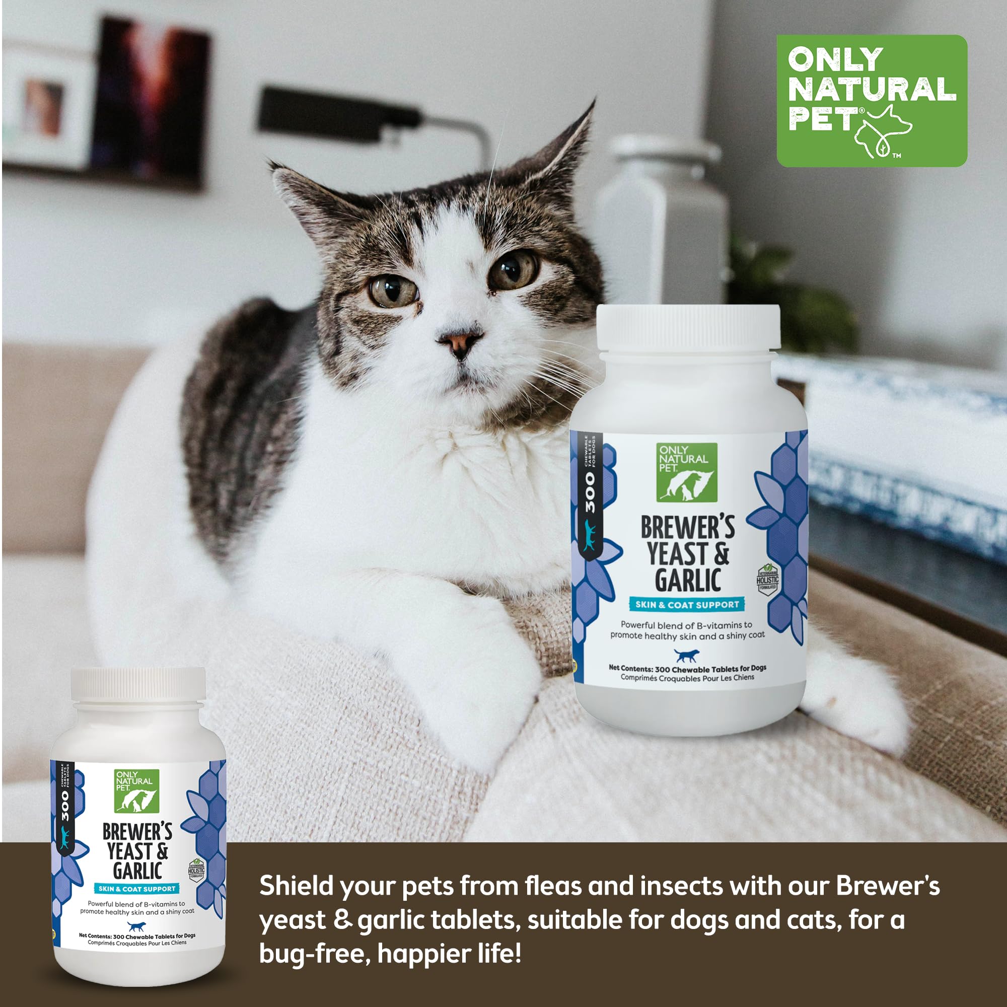 Only Natural Pet Brewer's Yeast & Garlic Chewables for skin and coat support with B vitamins.