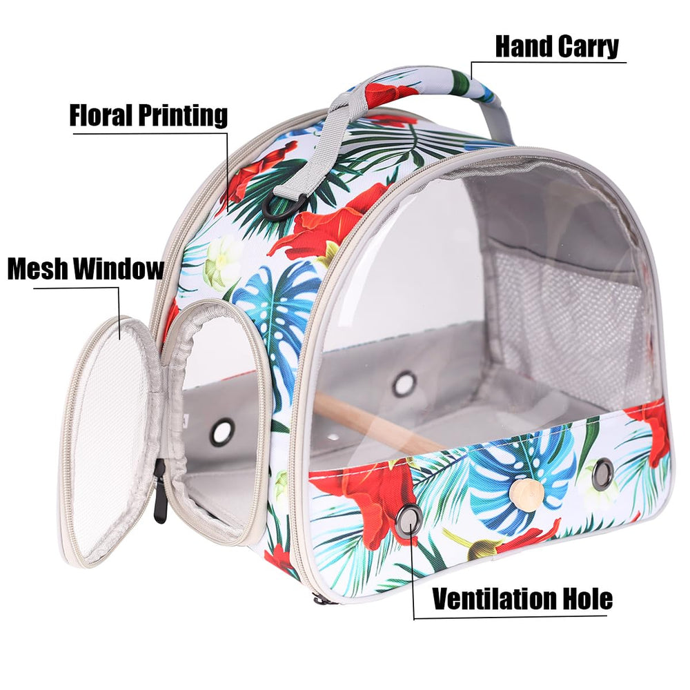 ORIZZP bird travel carrier showing its clear viewing window.