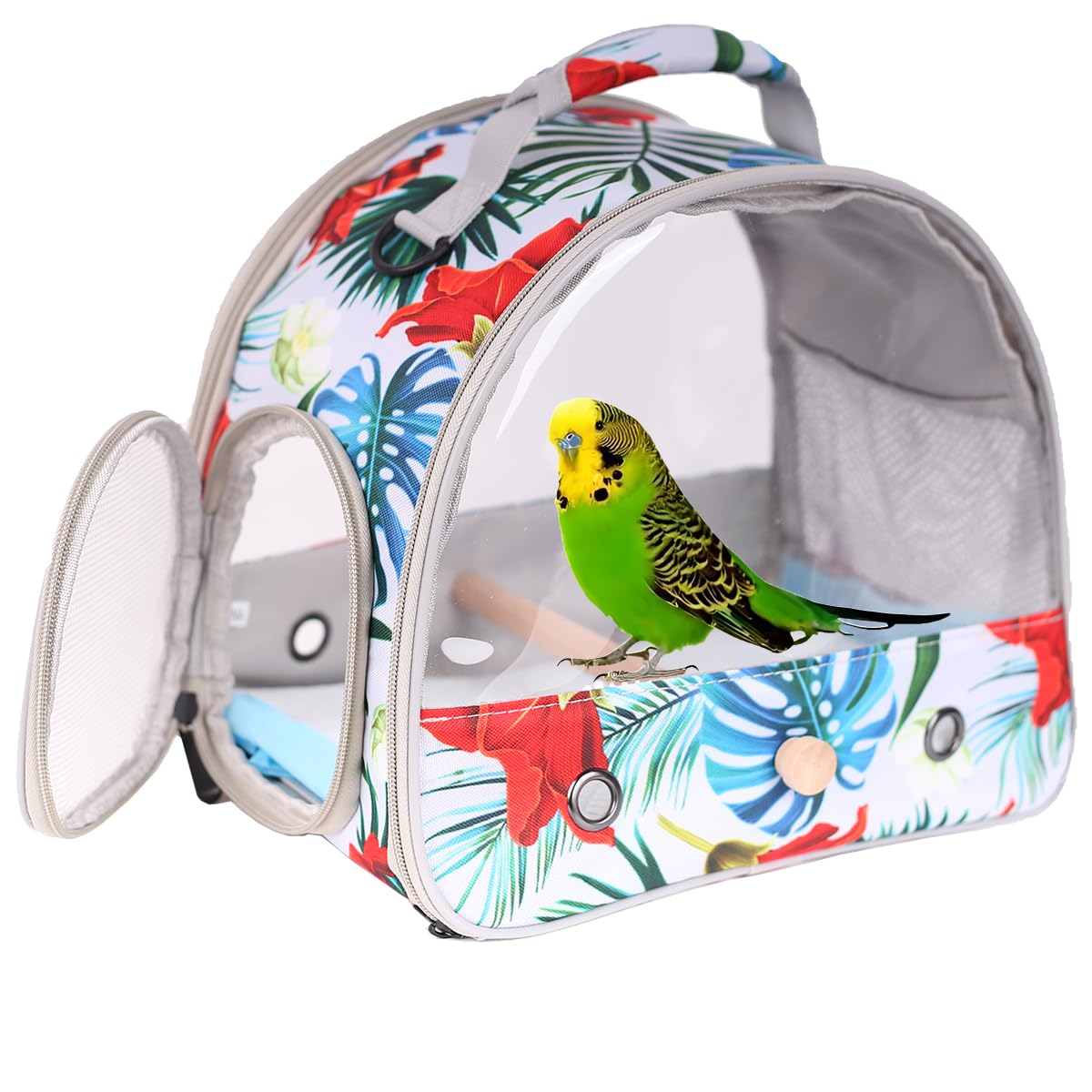 ORIZZP bird travel carrier shown from the front with its floral design.